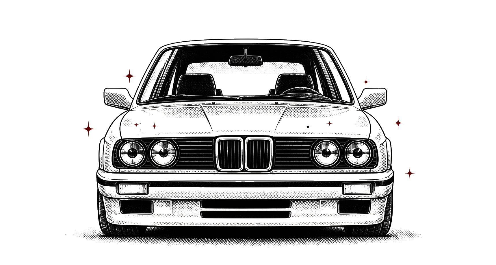 Illustration noir et blanc d'une BMW ancienne vue de face
