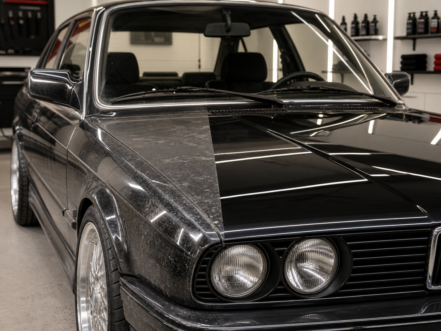 Avant après d'un detailing extérieur sur carrosserie noire